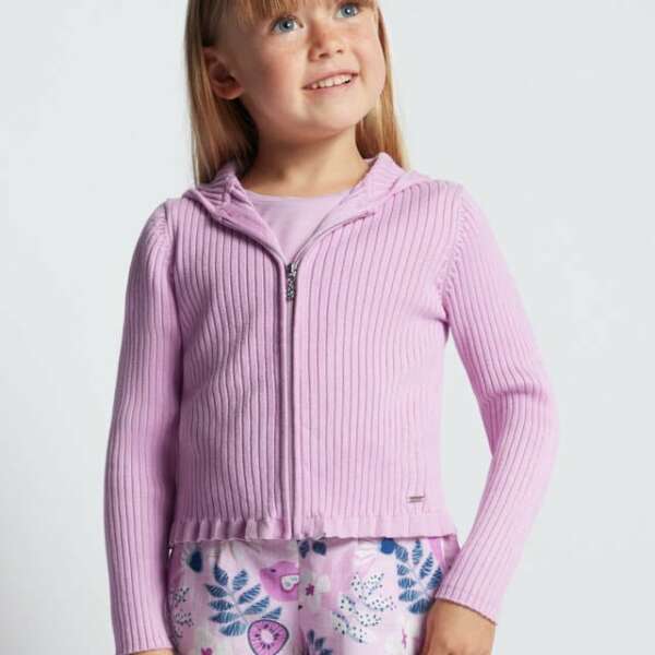 MAYORAL Dievčenský rebrovaný sveter s kapucňou fialový Girl ribbed cardigan mauve 3355 | Welcomebaby.sk