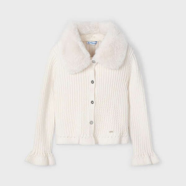 MAYORAL Dievčenský rebrovaný sveter s kožušinovým golierom krémový Cardigan cream 4362 | Welcomebaby.sk